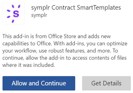 symplr Contract SmartTemplates add-in with 2 buttons, allow and continue and get details